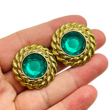 Load image into Gallery viewer, Vintage gold emerald glass designer runway clip on earrings
