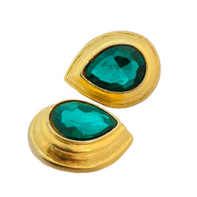Load image into Gallery viewer, Vintage gold emerald glass designer runway pierced earrings
