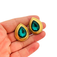 Load image into Gallery viewer, Vintage gold emerald glass designer runway pierced earrings
