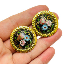Load image into Gallery viewer, Vintage gold enamel cloisonné flower designer clip on earrings
