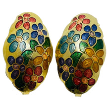 Load image into Gallery viewer, Vintage gold enamel cloisonné flower designer clip on earrings
