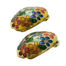 Load image into Gallery viewer, Vintage gold enamel cloisonné flower designer clip on earrings
