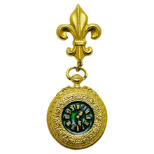 Load image into Gallery viewer, Vintage gold enamel fleur de lis dangle clock designer brooch
