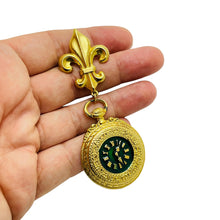 Load image into Gallery viewer, Vintage gold enamel fleur de lis dangle clock designer brooch
