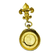 Load image into Gallery viewer, Vintage gold enamel fleur de lis dangle clock designer brooch
