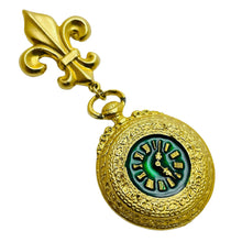 Load image into Gallery viewer, Vintage gold enamel fleur de lis dangle clock designer brooch
