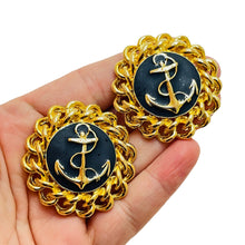 Load image into Gallery viewer, Vintage gold enamel nautical clip on designer earrings
