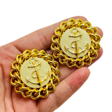Load image into Gallery viewer, Vintage gold enamel nautical clip on designer earrings
