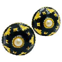 Load image into Gallery viewer, Vintage gold enamel pearl massive designer runway clip on earrings
