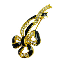 Load image into Gallery viewer, Vintage gold enamel rhinestone bow brooch

