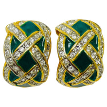 Load image into Gallery viewer, Vintage gold enamel rhinestone designer clip on earrings
