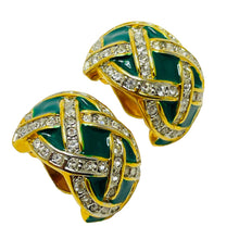 Load image into Gallery viewer, Vintage gold enamel rhinestone designer clip on earrings
