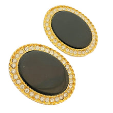 Load image into Gallery viewer, Vintage gold enamel rhinestone designer runway clip on earrings
