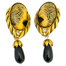 Load image into Gallery viewer, Vintage  gold enamel rhinestone designer runway clip on earrings
