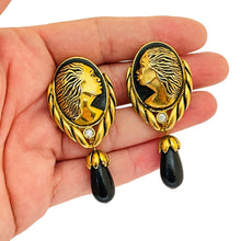 Load image into Gallery viewer, Vintage  gold enamel rhinestone designer runway clip on earrings
