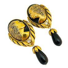 Load image into Gallery viewer, Vintage  gold enamel rhinestone designer runway clip on earrings
