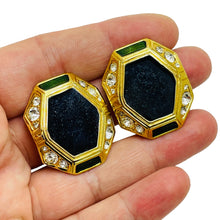 Load image into Gallery viewer, Vintage gold enamel rhinestone designer runway clip on earrings
