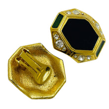 Load image into Gallery viewer, Vintage gold enamel rhinestone designer runway clip on earrings
