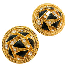Load image into Gallery viewer, Vintage gold enamel rhinestone designer runway clip on earrings
