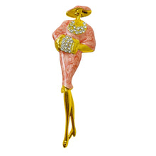 Load image into Gallery viewer, Vintage gold enamel rhinestone elegant lady in hat designer brooch
