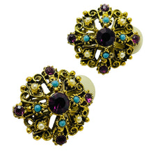Load image into Gallery viewer, Vintage gold faux gemstones designer runway clip on earrings
