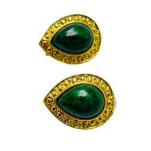 Load image into Gallery viewer, Vintage gold faux green stone designer runway clip on earrings
