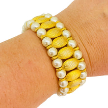 Load image into Gallery viewer, Vintage gold faux pearls designer runway bracelet

