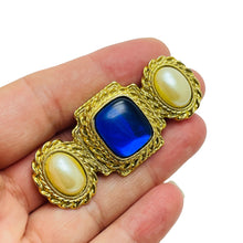 Load image into Gallery viewer, Vintage gold faux sapphire pearl designer brooch
