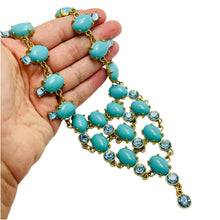 Load image into Gallery viewer, Vintage gold faux turquoise glass designer runway necklace
