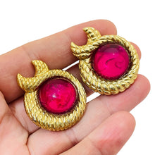Load image into Gallery viewer, Vintage gold fuchsia pink glass designer runway clip on earrings
