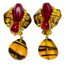 Load image into Gallery viewer, Vintage gold glass dangle designer clip on earrings
