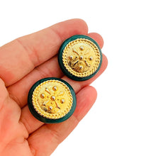 Load image into Gallery viewer, Vintage gold green enamel designer runway clip on earrings
