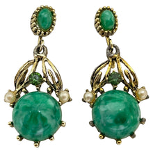 Load image into Gallery viewer, Vintage gold green faux jade drop designer clip on earrings
