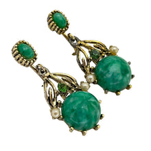 Load image into Gallery viewer, Vintage gold green faux jade drop designer clip on earrings
