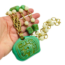 Load image into Gallery viewer, Vintage gold green jade lucite massive Asian oriental necklace
