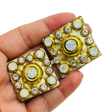 Load image into Gallery viewer, Vintage gold leather rhinestone designer runway clip on earrings
