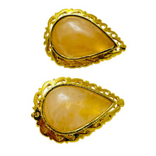 Load image into Gallery viewer, Vintage gold peach glass designer runway clip on earrings
