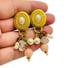 Load image into Gallery viewer, Vintage gold pearl dangle beads etruscan style clip on earrings

