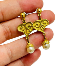 Load image into Gallery viewer, Vintage gold pearl eteuscan dangle heart designer earrings
