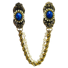 Load image into Gallery viewer, Vintage gold pearl faux lapis sweater clip
