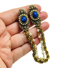 Load image into Gallery viewer, Vintage gold pearl faux lapis sweater clip
