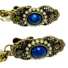 Load image into Gallery viewer, Vintage gold pearl faux lapis sweater clip
