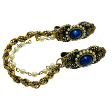 Load image into Gallery viewer, Vintage gold pearl faux lapis sweater clip
