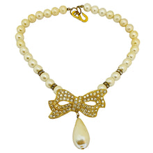 Load image into Gallery viewer, Vintage gold pearl rhinestone bow beaded designer runway necklace
