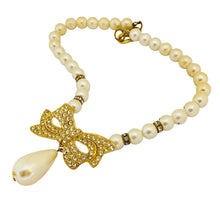 Load image into Gallery viewer, Vintage gold pearl rhinestone bow beaded designer runway necklace
