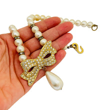 Load image into Gallery viewer, Vintage gold pearl rhinestone bow beaded designer runway necklace
