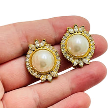 Load image into Gallery viewer, Vintage gold pearl rhinestone clip on earrings
