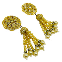 Load image into Gallery viewer, Vintage gold pearl rhinestone dangle designer runway clip on earrings
