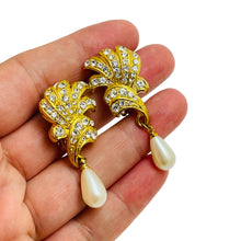 Load image into Gallery viewer, Vintage gold pearl rhinestone dangle designer runway clip on earrings
