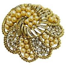 Load image into Gallery viewer, Vintage gold pearl rhinestone designer brooch
